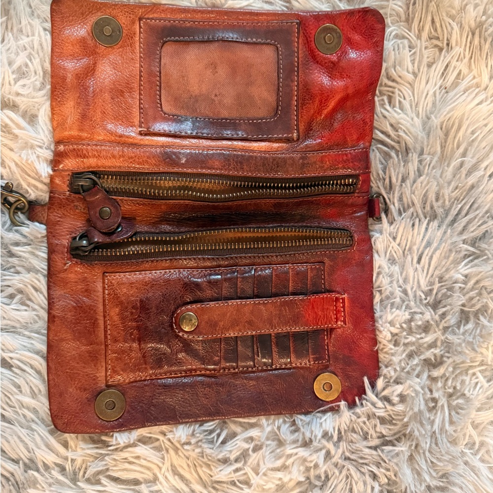 Bed Stu Burnt Chestnut Leather Wristlet with Brass Zip